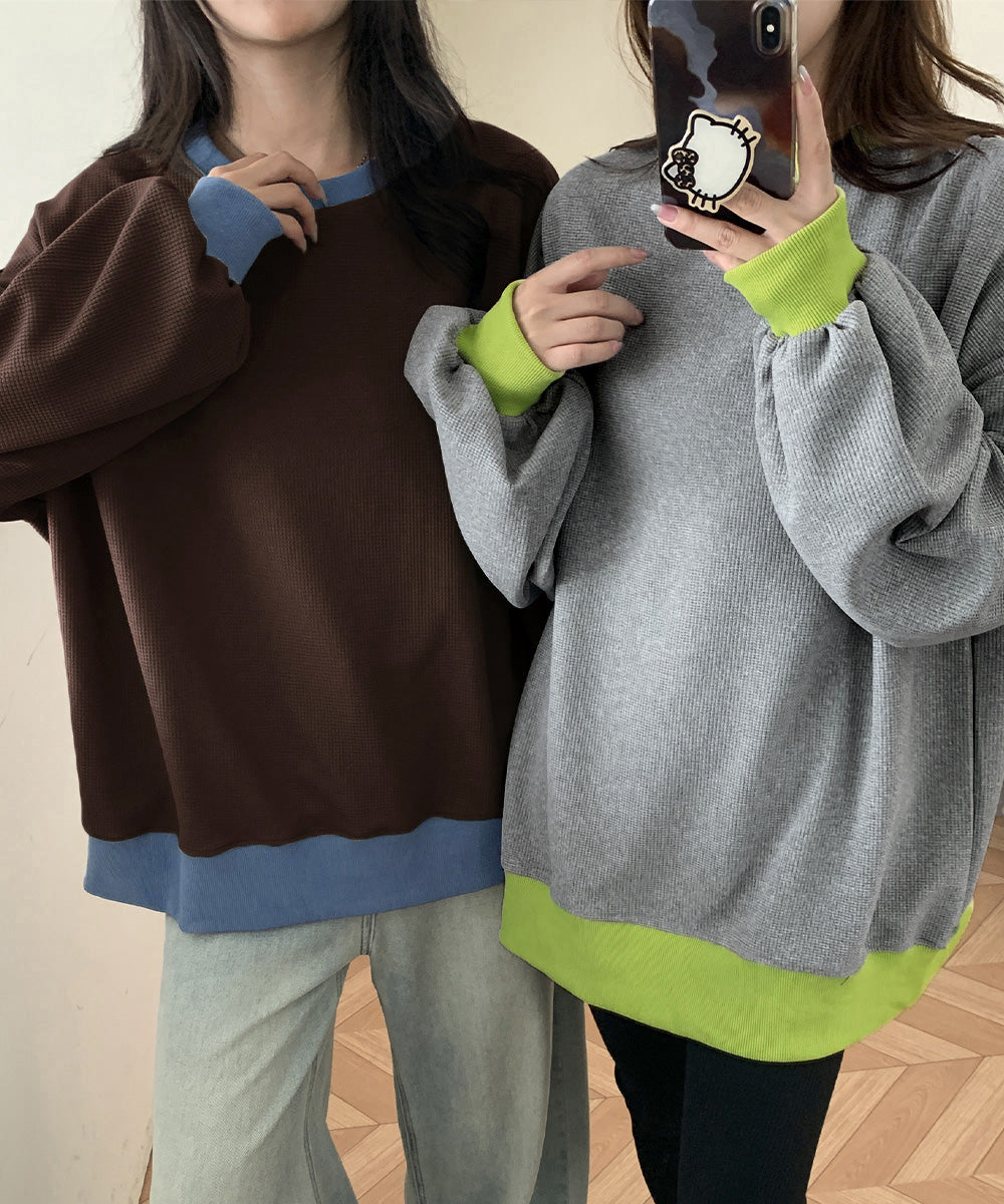 ワッフルオーバーサイズ配色プルオーバー秋 詳細画像6