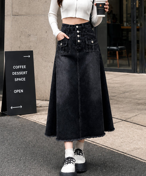 レトロデニムスカート ハイウエスト 韓国 レディース オシャレ ロングスカート 切りっぱなし Aラインスカート 体型カバー フリンジ 着やせデニム ヴィンテージ風 84KFK-001