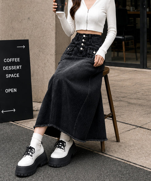 レトロデニムスカート ハイウエスト 韓国 レディース オシャレ ロングスカート 切りっぱなし Aラインスカート 体型カバー フリンジ 着やせデニム ヴィンテージ風 84KFK-001