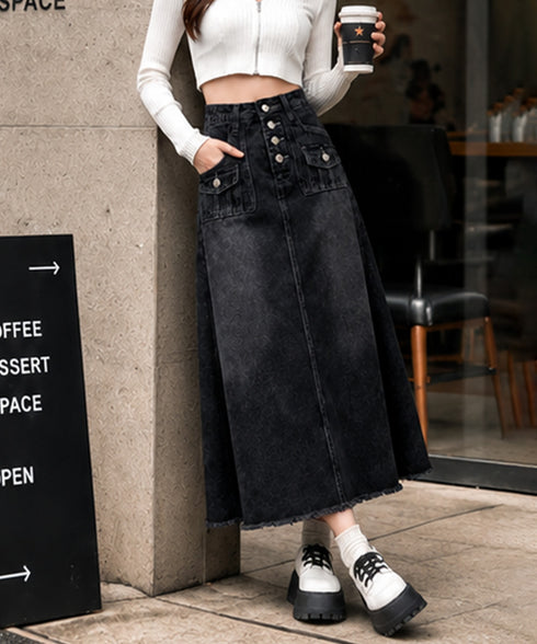 レトロデニムスカート ハイウエスト 韓国 レディース オシャレ ロングスカート 切りっぱなし Aラインスカート 体型カバー フリンジ 着やせデニム ヴィンテージ風 84KFK-001