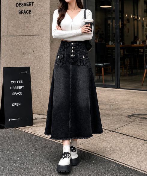 レトロデニムスカート ハイウエスト 韓国 レディース オシャレ ロングスカート 切りっぱなし Aラインスカート 体型カバー フリンジ 着やせデニム ヴィンテージ風 84KFK-001