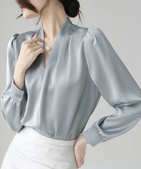サテン風シャツブラウス Vネックトップス レディース オフィス とろみシャツ 入学式 卒業式 上品ブラウス 20代30代40代 通勤服長袖 ビジネスブラウス 白 84LIUJIE-005