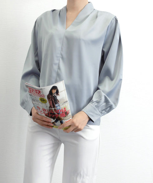 サテン風シャツブラウス Vネックトップス レディース オフィス とろみシャツ 入学式 卒業式 上品ブラウス 20代30代40代 通勤服長袖 ビジネスブラウス 白 84LIUJIE-005