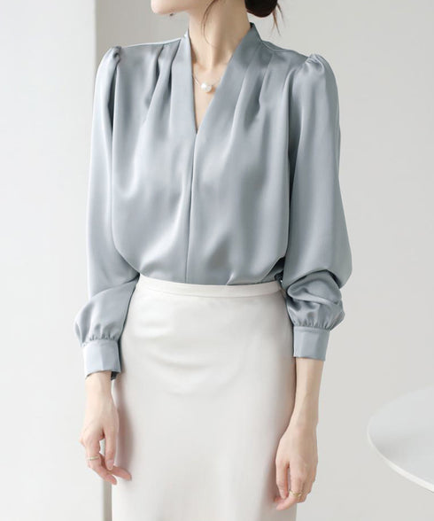 サテン風シャツブラウス Vネックトップス レディース オフィス とろみシャツ 入学式 卒業式 上品ブラウス 20代30代40代 通勤服長袖 ビジネスブラウス 白 84LIUJIE-005