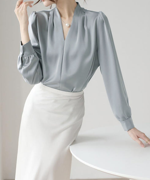 サテン風シャツブラウス Vネックトップス レディース オフィス とろみシャツ 入学式 卒業式 上品ブラウス 20代30代40代 通勤服長袖 ビジネスブラウス 白 84LIUJIE-005