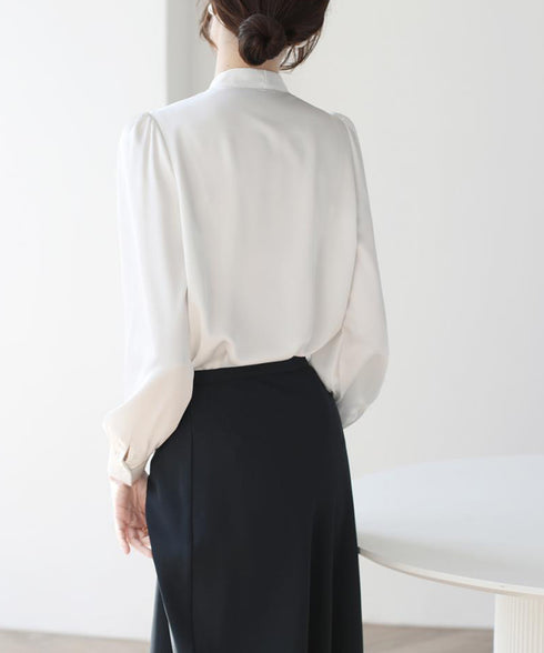 サテン風シャツブラウス Vネックトップス レディース オフィス とろみシャツ 入学式 卒業式 上品ブラウス 20代30代40代 通勤服長袖 ビジネスブラウス 白 84LIUJIE-005