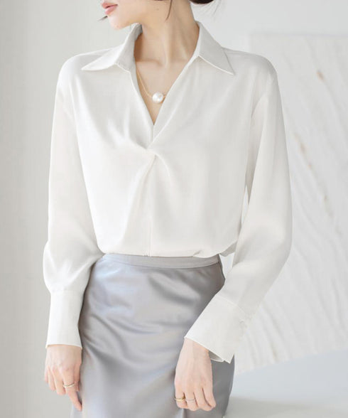 ツイストブラウス長袖ブラウスVネック上品 パールネックレス付きサテン風シャツブラウス フロントねじりフェミニン薄手フォーマルブラウス スキッパーネックプルオーバー 84LIUJIE-006