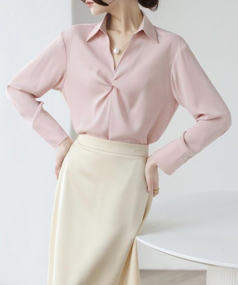 ツイストブラウス長袖ブラウスVネック上品 パールネックレス付きサテン風シャツブラウス フロントねじりフェミニン薄手フォーマルブラウス スキッパーネックプルオーバー 84LIUJIE-006