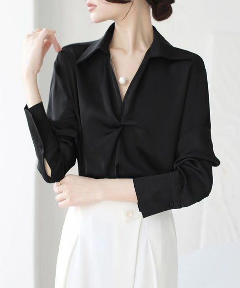 ツイストブラウス長袖ブラウスVネック上品 パールネックレス付きサテン風シャツブラウス フロントねじりフェミニン薄手フォーマルブラウス スキッパーネックプルオーバー 84LIUJIE-006