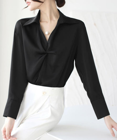 ツイストブラウス長袖ブラウスVネック上品 パールネックレス付きサテン風シャツブラウス フロントねじりフェミニン薄手フォーマルブラウス スキッパーネックプルオーバー 84LIUJIE-006