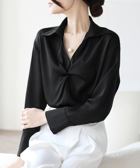 ツイストブラウス長袖ブラウスVネック上品 パールネックレス付きサテン風シャツブラウス フロントねじりフェミニン薄手フォーマルブラウス スキッパーネックプルオーバー 84LIUJIE-006