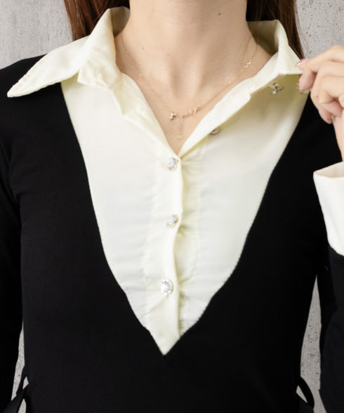 ドッキングワンピース セクシーミニワンピ レディース バイカラー ベルト付きワンピース 異素材切り替えタイトワンピース レイヤード風 フィットワンピ ハイウエスト 84MANNISI-001