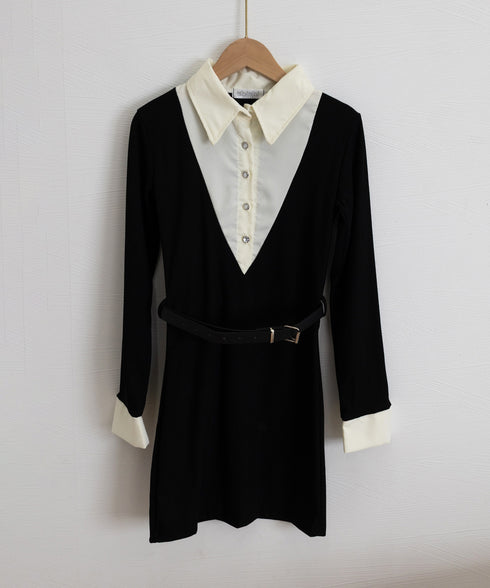 ドッキングワンピース セクシーミニワンピ レディース バイカラー ベルト付きワンピース 異素材切り替えタイトワンピース レイヤード風 フィットワンピ ハイウエスト 84MANNISI-001