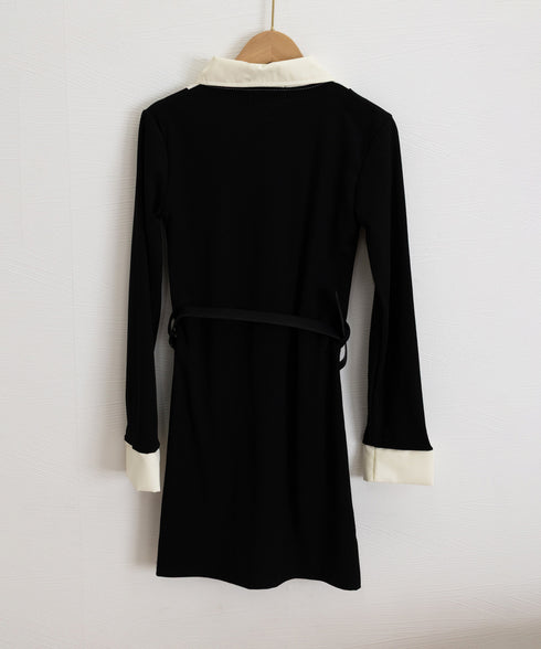 ドッキングワンピース セクシーミニワンピ レディース バイカラー ベルト付きワンピース 異素材切り替えタイトワンピース レイヤード風 フィットワンピ ハイウエスト 84MANNISI-001