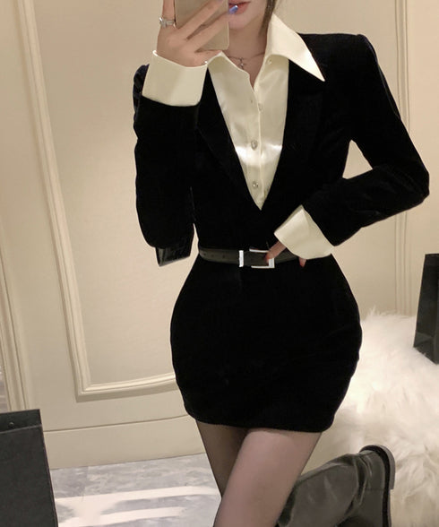 ドッキングワンピース セクシーミニワンピ レディース バイカラー ベルト付きワンピース 異素材切り替えタイトワンピース レイヤード風 フィットワンピ ハイウエスト 84MANNISI-001