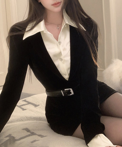 ドッキングワンピース セクシーミニワンピ レディース バイカラー ベルト付きワンピース 異素材切り替えタイトワンピース レイヤード風 フィットワンピ ハイウエスト 84MANNISI-001