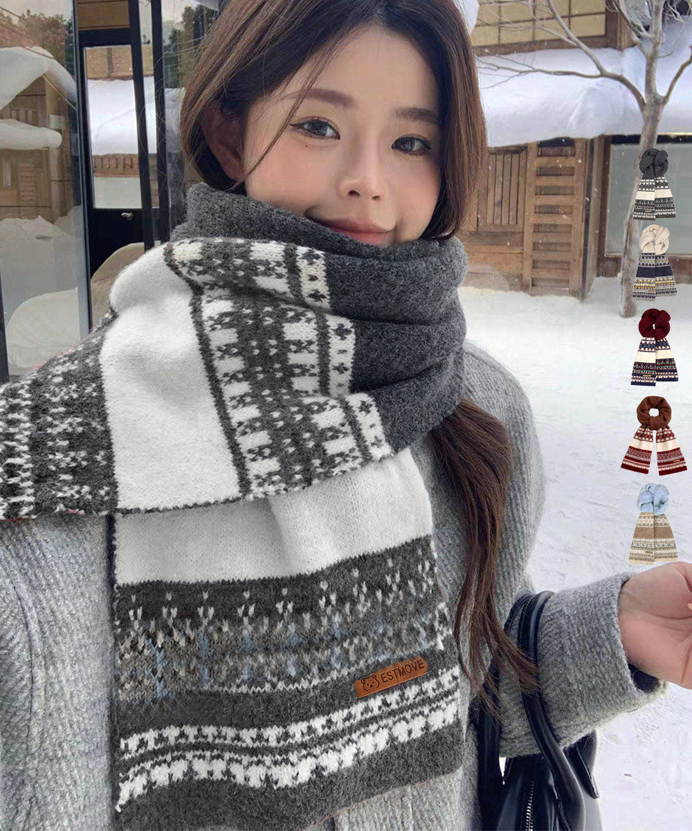 ノルディック柄ニットマフラー配色レトロ冬 詳細画像1