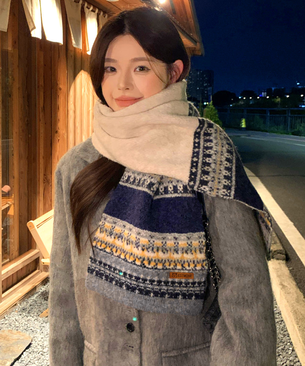 ノルディック柄ニットマフラー配色レトロ冬 詳細画像6