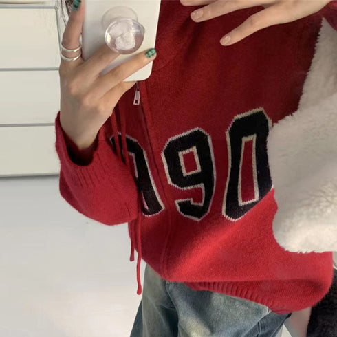 フード付き ニットカーディガン 秋冬服 ジップアップ ニットアウター レディース カレッジロゴ 長袖 中厚手ニット羽織 着やせフーデッドカーデ 韓国 カジュアル 84MEIRJ-003