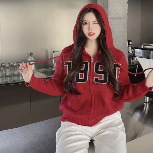 フード付き ニットカーディガン 秋冬服 ジップアップ ニットアウター レディース カレッジロゴ 長袖 中厚手ニット羽織 着やせフーデッドカーデ 韓国 カジュアル 84MEIRJ-003