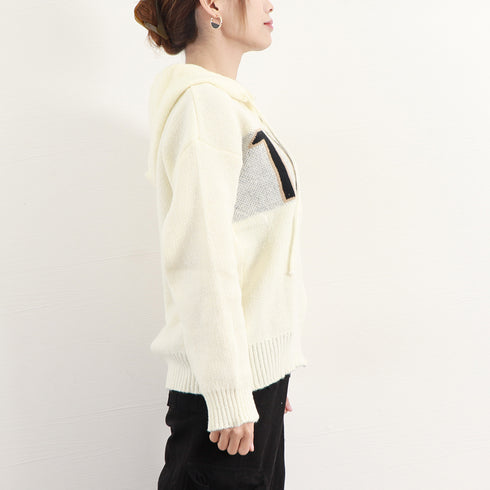 フード付き ニットカーディガン 秋冬服 ジップアップ ニットアウター レディース カレッジロゴ 長袖 中厚手ニット羽織 着やせフーデッドカーデ 韓国 カジュアル 84MEIRJ-003