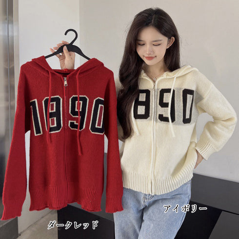 フード付き ニットカーディガン 秋冬服 ジップアップ ニットアウター レディース カレッジロゴ 長袖 中厚手ニット羽織 着やせフーデッドカーデ 韓国 カジュアル 84MEIRJ-003
