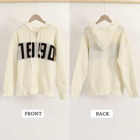 フード付き ニットカーディガン 秋冬服 ジップアップ ニットアウター レディース カレッジロゴ 長袖 中厚手ニット羽織 着やせフーデッドカーデ 韓国 カジュアル 84MEIRJ-003