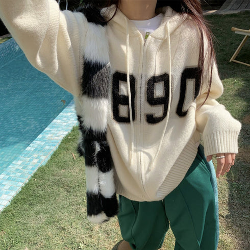 フード付き ニットカーディガン 秋冬服 ジップアップ ニットアウター レディース カレッジロゴ 長袖 中厚手ニット羽織 着やせフーデッドカーデ 韓国 カジュアル 84MEIRJ-003