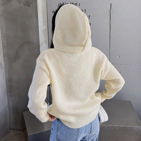 フード付き ニットカーディガン 秋冬服 ジップアップ ニットアウター レディース カレッジロゴ 長袖 中厚手ニット羽織 着やせフーデッドカーデ 韓国 カジュアル 84MEIRJ-003