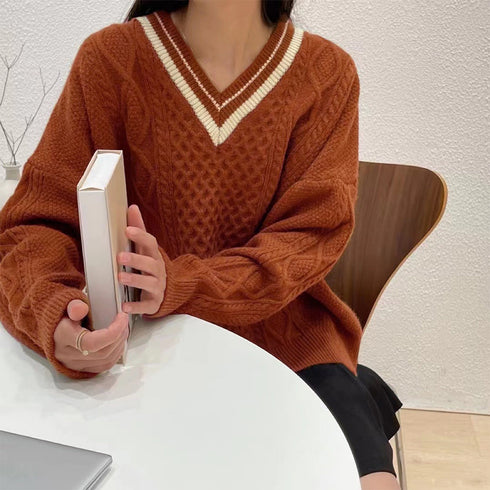 ライン入りケーブルニットトップス 韓国風 レディース ゆったり ニットウェア Vネック カジュアル ニットセーター 体型カバー通勤 通学 ニットプルオーバー 無地 84MEIRJ-005