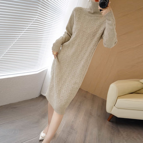 ケーブル編みニットワンピース 韓国 秋冬 レディース タートルネックワンピース 暖かい ニットドレス 体型カバー ウエストマーク きれいめ 着やせロングワンピース 84MEIRJ-011