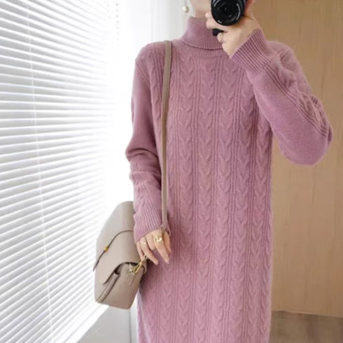 ケーブル編みニットワンピース 韓国 秋冬 レディース タートルネックワンピース 暖かい ニットドレス 体型カバー ウエストマーク きれいめ 着やせロングワンピース 84MEIRJ-011