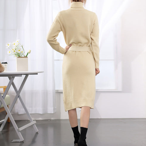ケーブル編みニットワンピース 韓国 秋冬 レディース タートルネックワンピース 暖かい ニットドレス 体型カバー ウエストマーク きれいめ 着やせロングワンピース 84MEIRJ-011