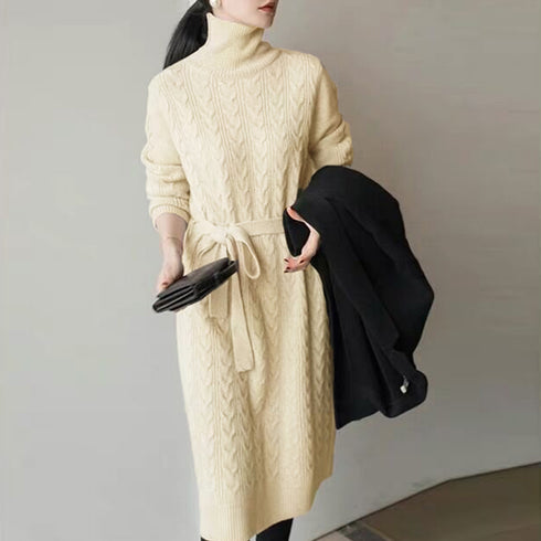 ケーブル編みニットワンピース 韓国 秋冬 レディース タートルネックワンピース 暖かい ニットドレス 体型カバー ウエストマーク きれいめ 着やせロングワンピース 84MEIRJ-011