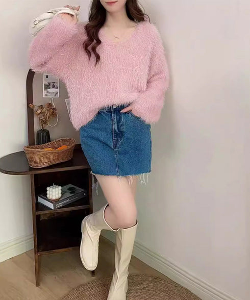 ラメシャギーニットトップス Vネック秋冬 レディース ふわふわ モヘアニットプルオーバー 大人可愛いシャギーセーター 韓国風きらきらトップス キレイめニット 無地 84MEIRJ-021