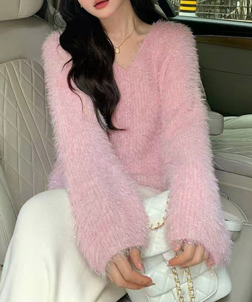 ラメシャギーニットトップス Vネック秋冬 レディース ふわふわ モヘアニットプルオーバー 大人可愛いシャギーセーター 韓国風きらきらトップス キレイめニット 無地 84MEIRJ-021