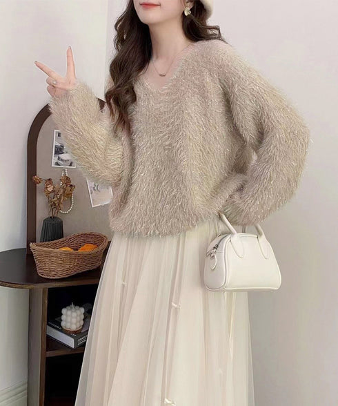 ラメシャギーニットトップス Vネック秋冬 レディース ふわふわ モヘアニットプルオーバー 大人可愛いシャギーセーター 韓国風きらきらトップス キレイめニット 無地 84MEIRJ-021
