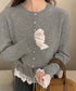 レース切り替えニットカーディガン長袖秋冬 レディース クルーネックニット フェミニンニットトップス パール調ボタン 大人かわいいレイヤード風セーターウエストリボン 84MEIRJ-022