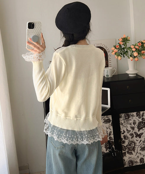 レース切り替えニットカーディガン長袖秋冬 レディース クルーネックニット フェミニンニットトップス パール調ボタン 大人かわいいレイヤード風セーターウエストリボン 84MEIRJ-022