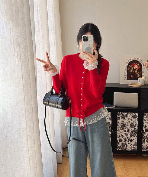 レース切り替えニットカーディガン長袖秋冬 レディース クルーネックニット フェミニンニットトップス パール調ボタン 大人かわいいレイヤード風セーターウエストリボン 84MEIRJ-022