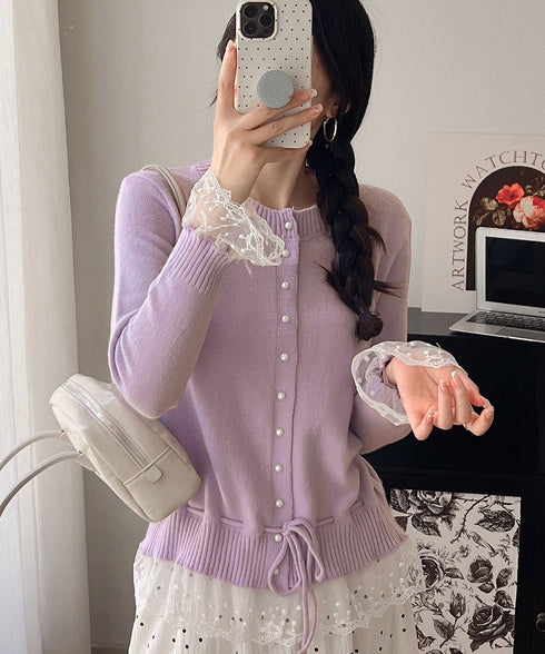 レース切り替えニットカーディガン長袖秋冬 レディース クルーネックニット フェミニンニットトップス パール調ボタン 大人かわいいレイヤード風セーターウエストリボン 84MEIRJ-022