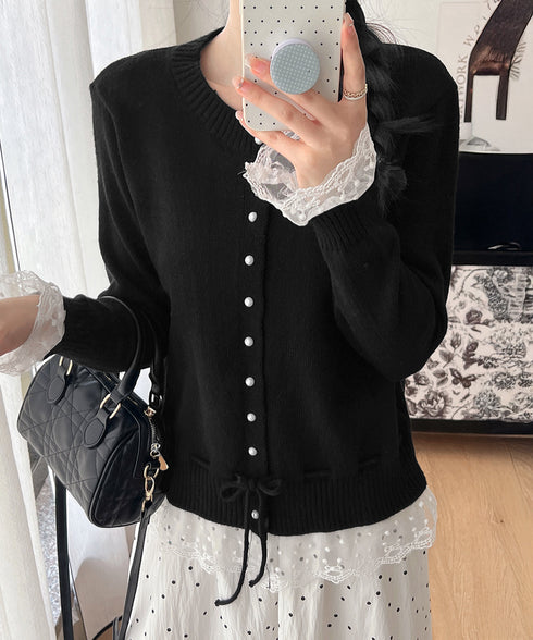 レース切り替えニットカーディガン長袖秋冬 レディース クルーネックニット フェミニンニットトップス パール調ボタン 大人かわいいレイヤード風セーターウエストリボン 84MEIRJ-022