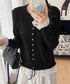 レース切り替えニットカーディガン長袖秋冬 レディース クルーネックニット フェミニンニットトップス パール調ボタン 大人かわいいレイヤード風セーターウエストリボン 84MEIRJ-022