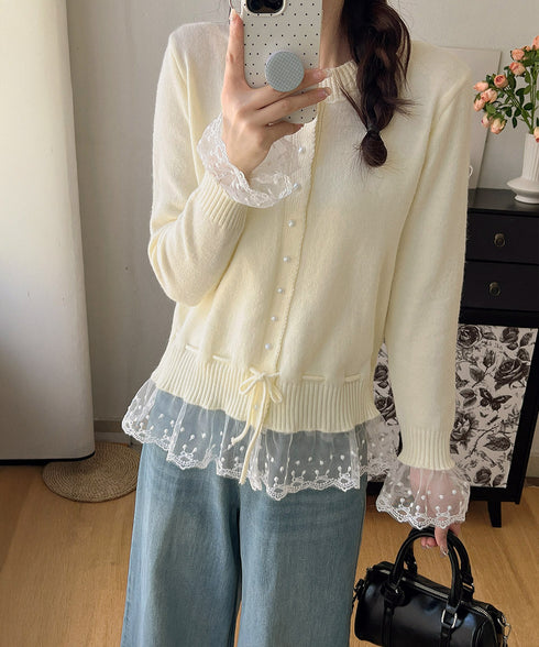 レース切り替えニットカーディガン長袖秋冬 レディース クルーネックニット フェミニンニットトップス パール調ボタン 大人かわいいレイヤード風セーターウエストリボン 84MEIRJ-022