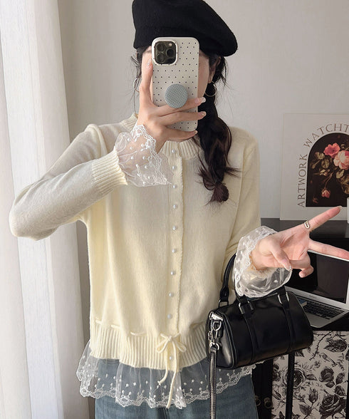 レース切り替えニットカーディガン長袖秋冬 レディース クルーネックニット フェミニンニットトップス パール調ボタン 大人かわいいレイヤード風セーターウエストリボン 84MEIRJ-022