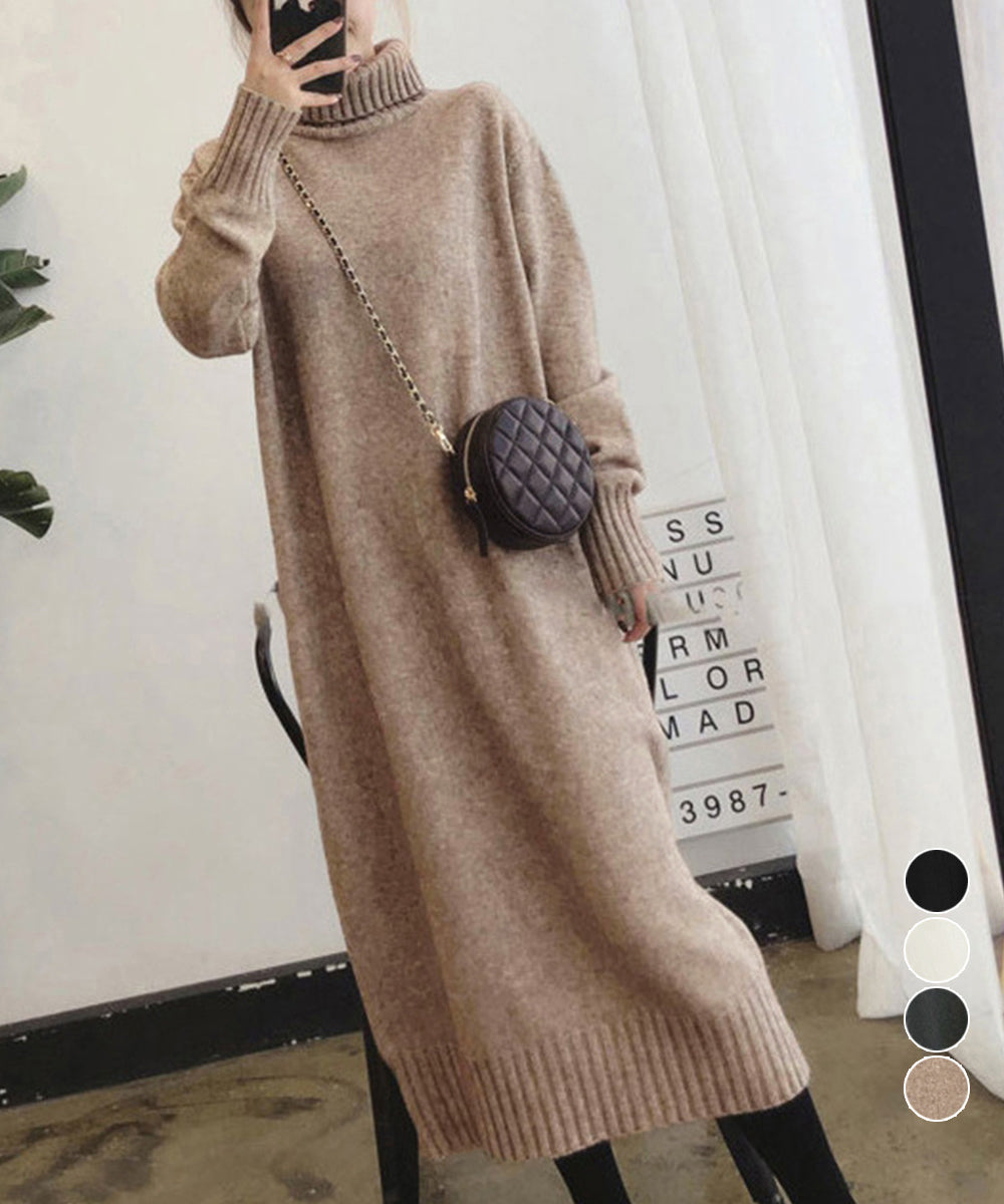 ハイネックニットワンピースゆったり秋冬服 詳細画像1