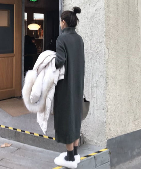 ハイネックニットワンピースゆったり秋冬服 レディース タートルネックロングワンピース こなれ感 着回し厚手インナーワンピース エレガントセーターワンピ 無地暖かい 84MEIRJ-023