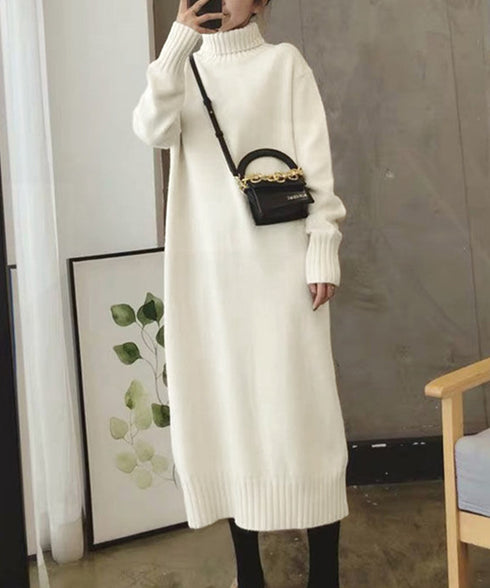 ハイネックニットワンピースゆったり秋冬服 レディース タートルネックロングワンピース こなれ感 着回し厚手インナーワンピース エレガントセーターワンピ 無地暖かい 84MEIRJ-023