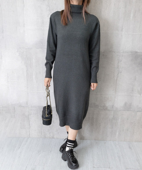 ハイネックニットワンピースゆったり秋冬服 レディース タートルネックロングワンピース こなれ感 着回し厚手インナーワンピース エレガントセーターワンピ 無地暖かい 84MEIRJ-023