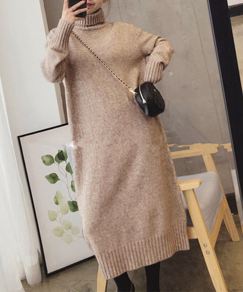 ハイネックニットワンピースゆったり秋冬服 レディース タートルネックロングワンピース こなれ感 着回し厚手インナーワンピース エレガントセーターワンピ 無地暖かい 84MEIRJ-023